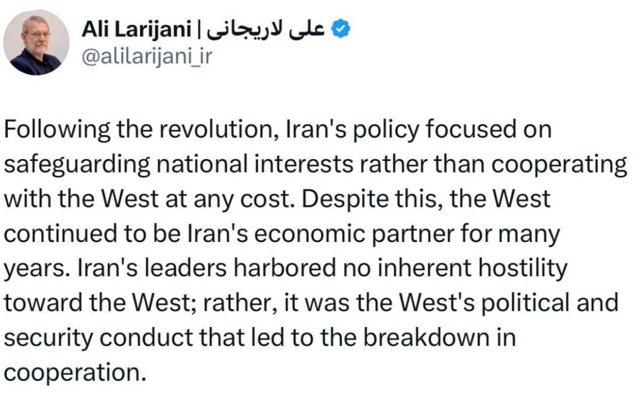 لاریجانی: رهبران ایران دشمنی ذاتی با غرب ندارد