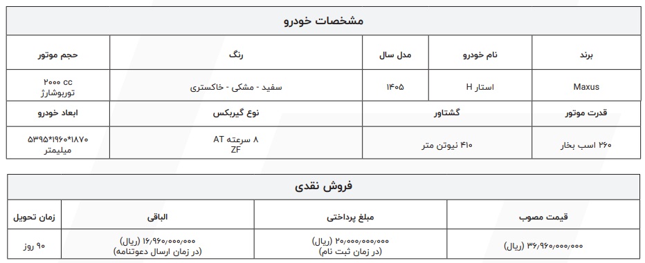 شرایط فروش پیکاپ مکسوس استار H با قیمت جدید