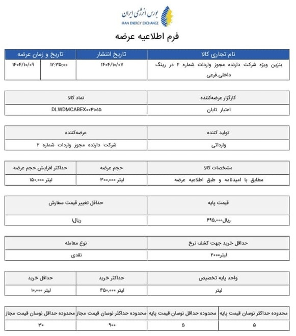 عرضه بنزین سوپر وارداتی در بورس انرژی