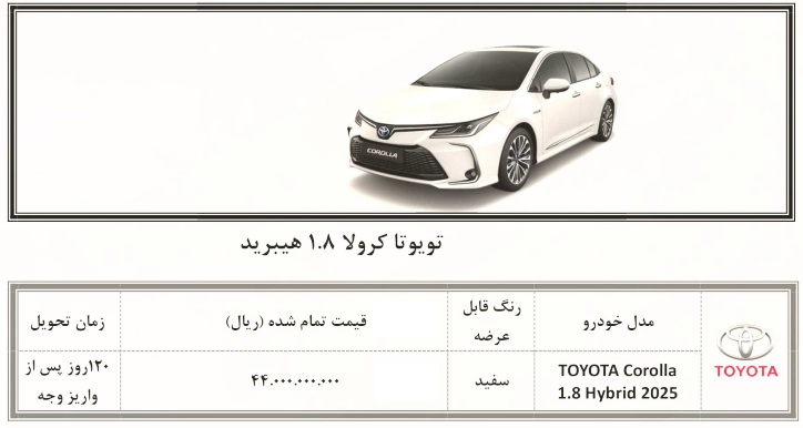 شرایط جدید فروش تویوتا کرولا 1.8 هیبرید