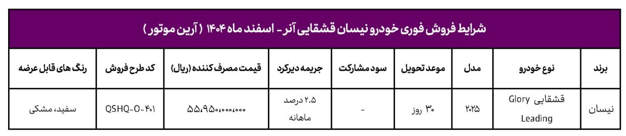 شرایط فروش فوری نیسان قشقایی آنر (اسفند 1404)