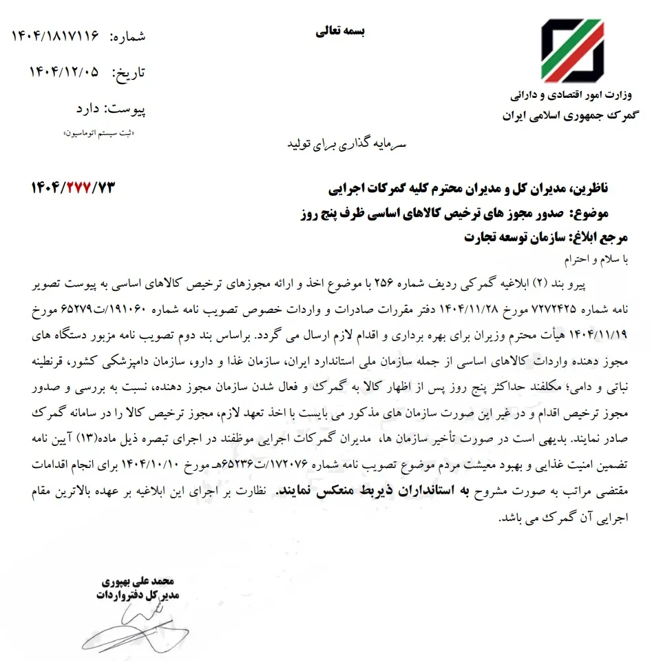 ترخیص ۵ روزه کالا‌های اساسی از گمرکات کشور