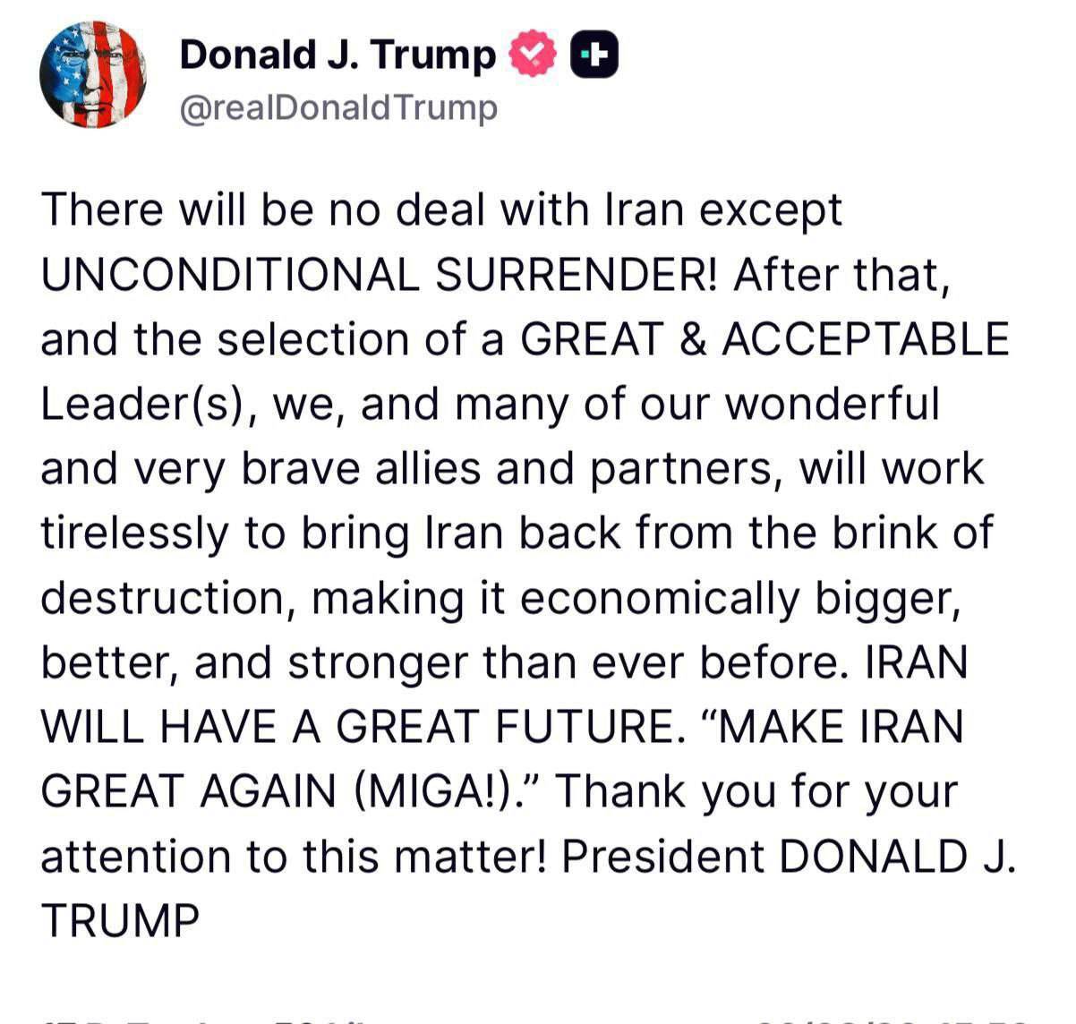 ترامپ: هیچ توافقی با ایران وجود نخواهد داشت مگر «تسلیم بدون قید و شرط»