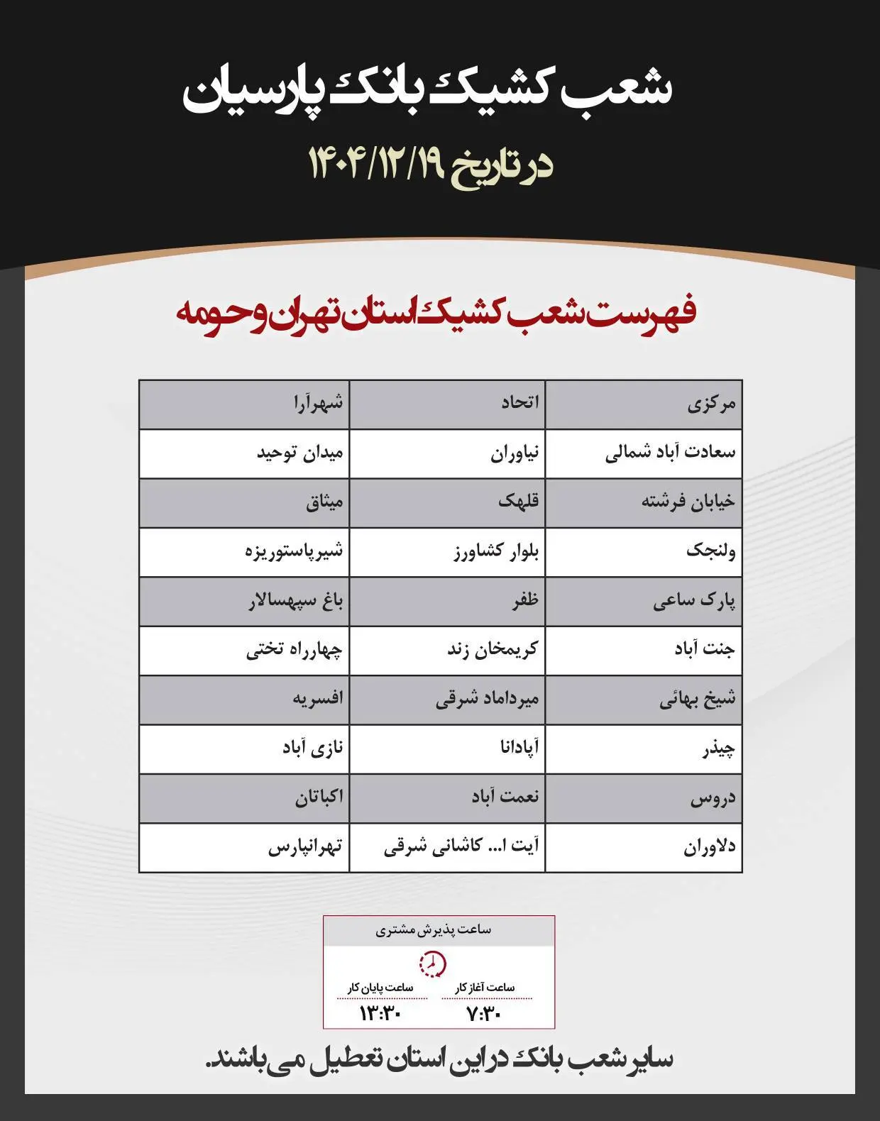 اعلام فهرست شعب کشیک استان تهران و حومه