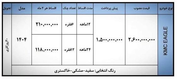 شرایط فروش اقساطی کی‌ام‌سی ایگل (خرداد 1405)