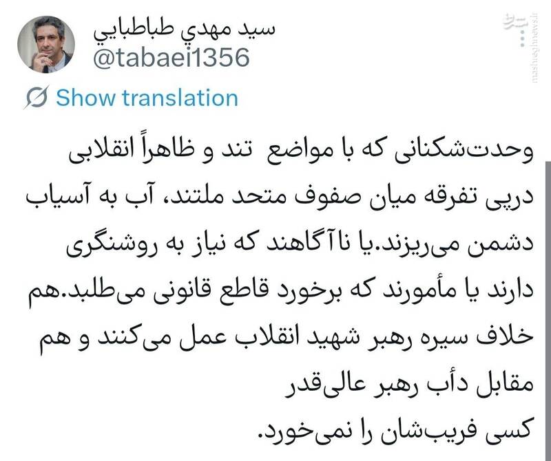 سیدمهدی طباطبایی: کسی فریب وحدت‌شکنان را نمی‌خورد