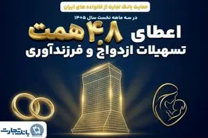 بانک تجارت با اعطای 4.8 همت تسهیلات ازدواج و فرزندآوری از خانواده‌های ایرانی حمایت کرد