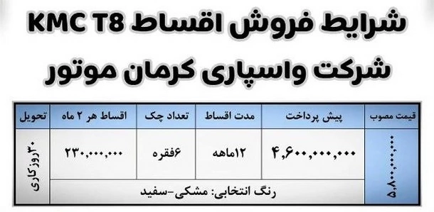 شرایط فروش اقساطی KMC T8 (تیر 1405)