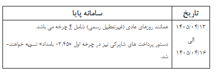 ساعات کاری سامانه پايا در ایام برگزاری مراسم تشییع و خاکسپاری رهبر شهید انقلاب اعلام شد.