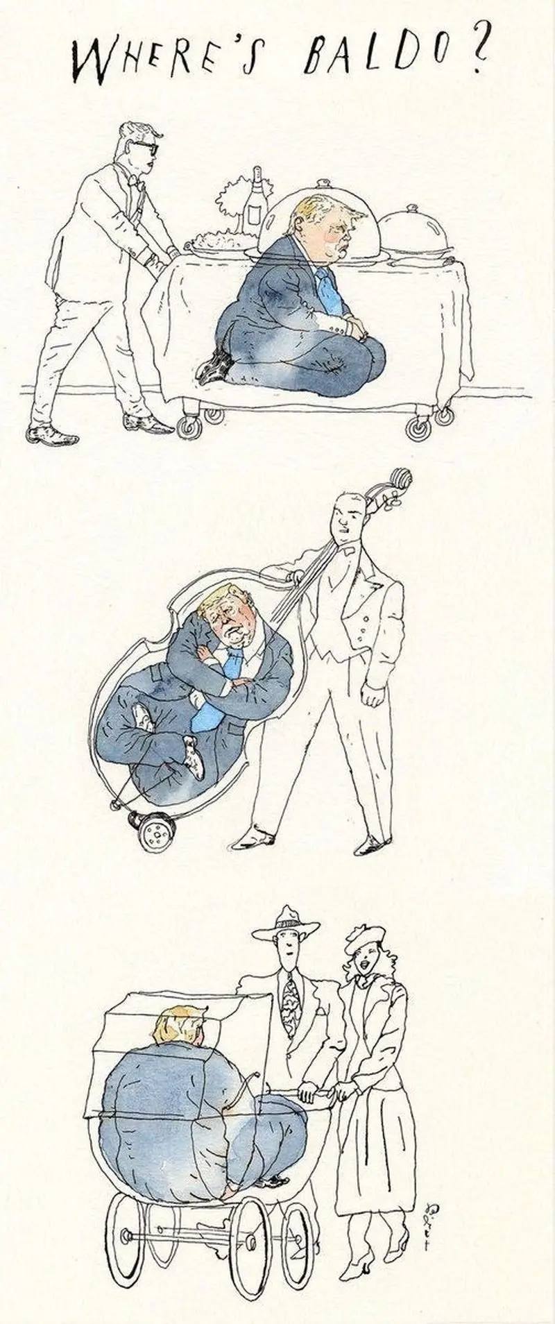 انتشار کاریکاتور جالب از ترامپ / رئیس‌جمهور آمریکا مخفیانه در سه صحنه جابه‌جا می‌شود+ عکس